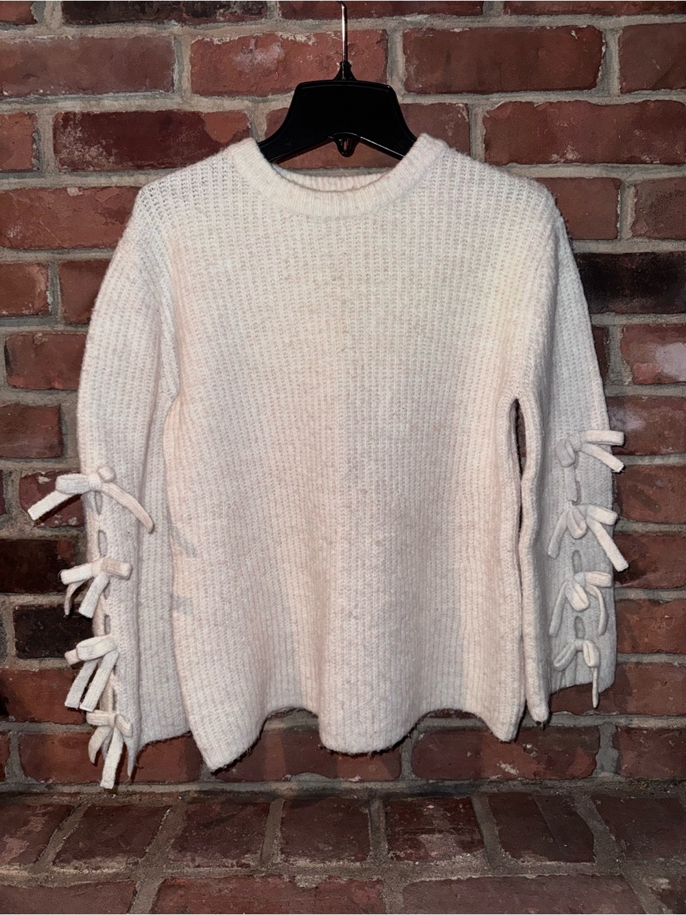 Zara Cream Crewneck Sweater with Sleeve Tie Details